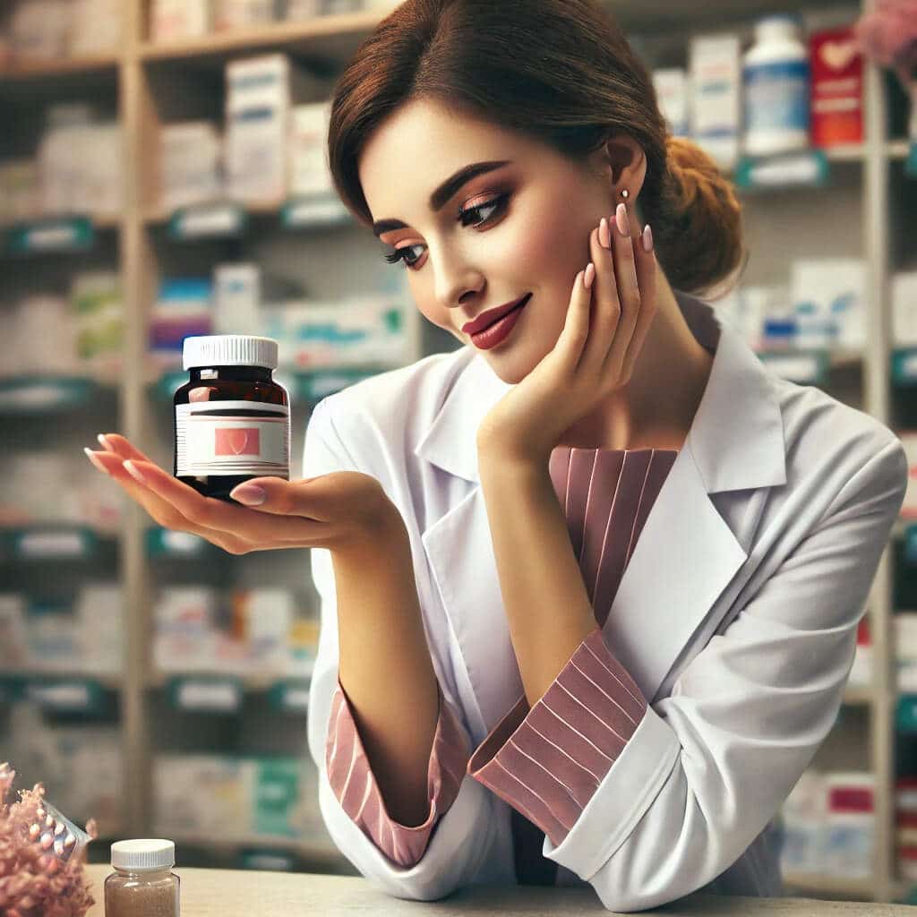 Farmaceutka w aptece trzyma opakowanie leku